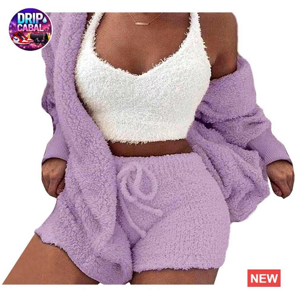 Fuzzy Fleece Hooded Cardigan Crop Top Shorts Set Cozy Loungewear Pajamas